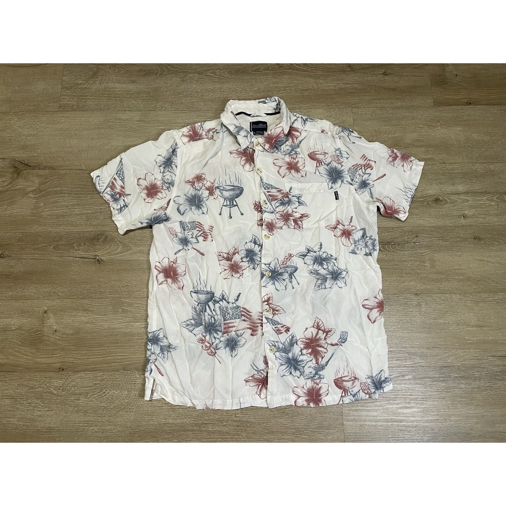 Jack O'Neill Shirt Mens L White Red Blue Floral Hawaiian BBQ Grill Rayon Casual